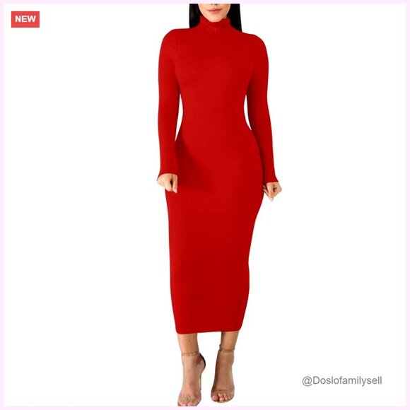 Dresses & Skirts - Long Sleeve Turtleneck Bodycon Midi Dress Elegant Chic Party Wear
